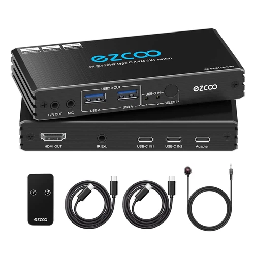 4K@120Hz USB-C KVM Switch HDMI2.1 2 Laptops with 2 USB 2.0 Ports L/R MIC OUT