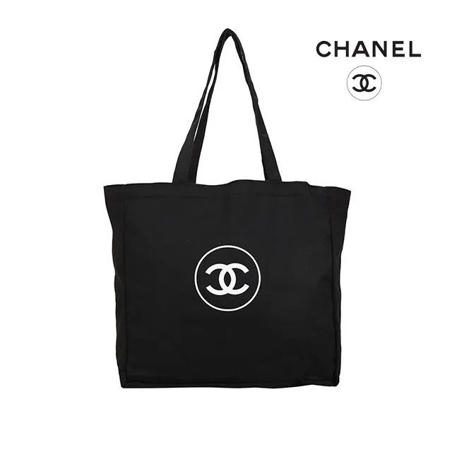 Chanel Novelty Cosmetics Cotton Polyester Blend Canvas Tote Bag Logo Black