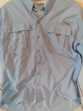 COLUMBIA SIZE MEDIUM MEN'S BLUE PFG BAHAMA II SHORT SLEEVE FISHING SHIRT