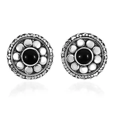 Stylish Flower with Onyx Inlaid Center Sterling Silver Stud Earrings