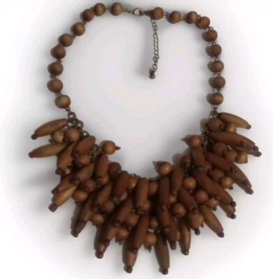 Early Miriam Haskell Wood Bead Cluster Dangle Fringe Stations Necklace