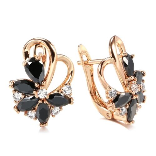 Black CZ Flower Drop Earrings 585 Rose Gold for Women Wedding Party jewelry Gift - Afbeelding 1 van 6
