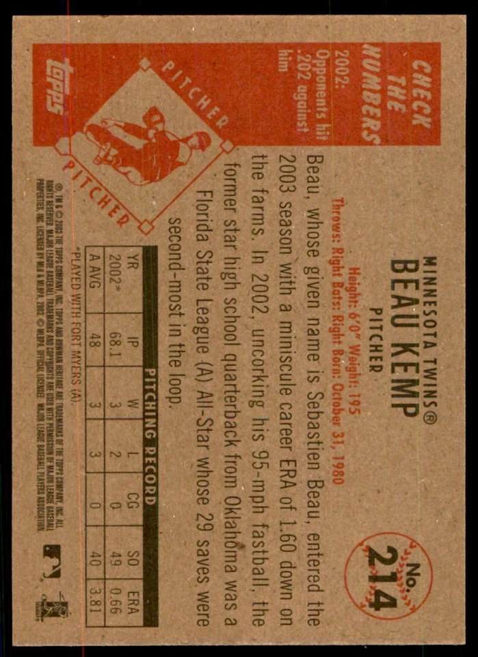 2003 BOWMAN HERITAGE BEAU KEMP MINNESOTA TWINS #214 - Image 2 of 2