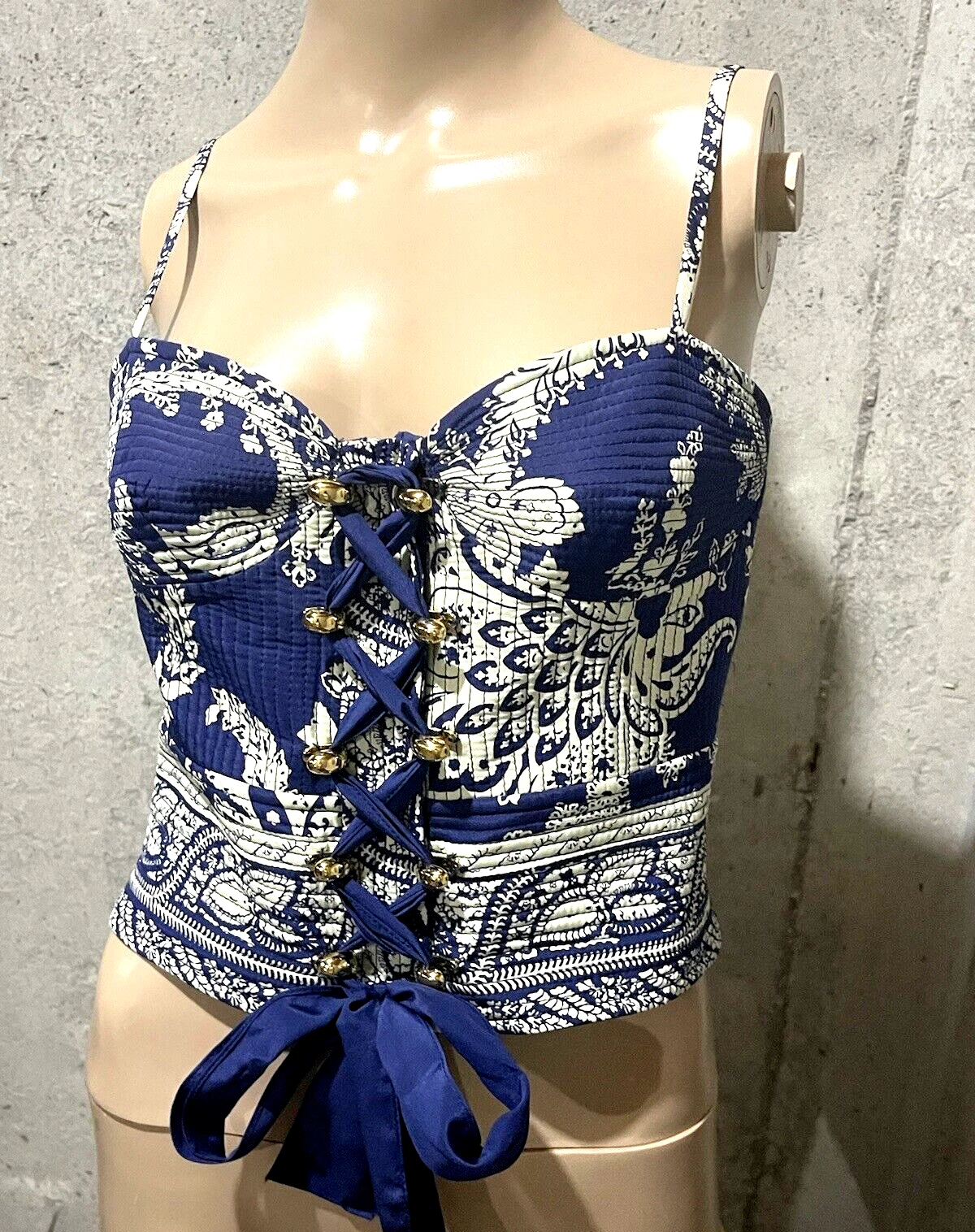 Canotta abito corsetto fiocco stringato blu Valentino Runway vintage IT 44 US 8