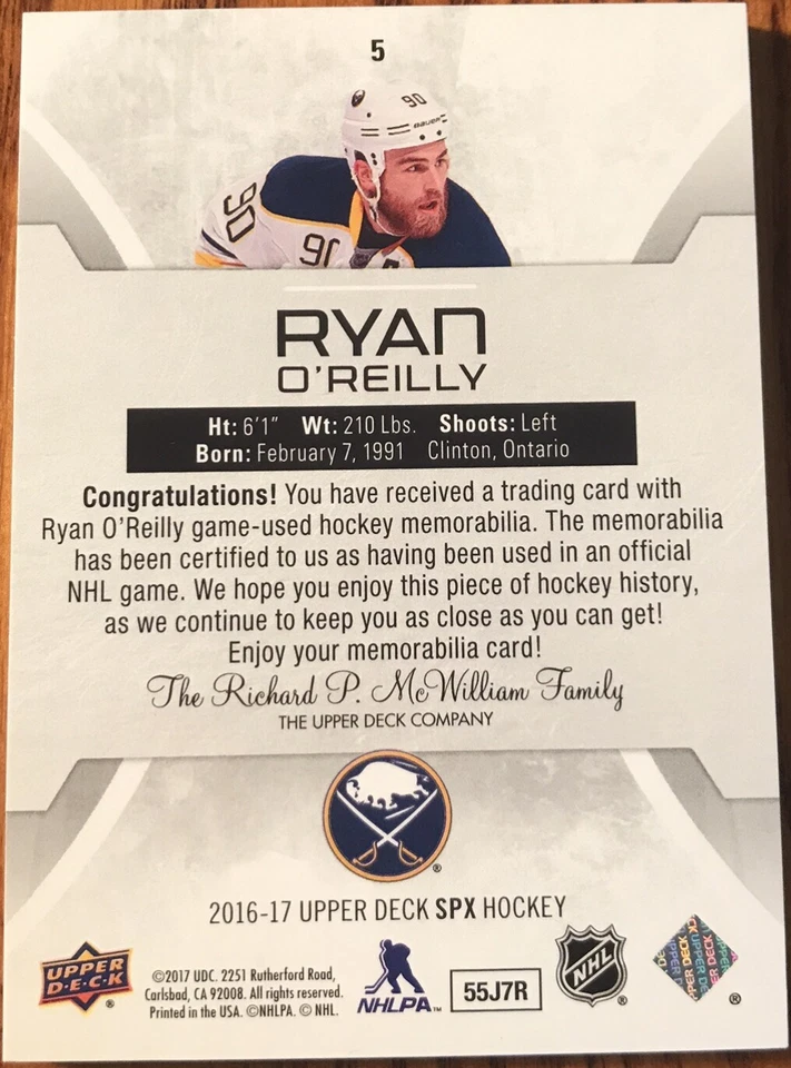 2016-17 SPx Red Jersey Ryan O’Reilly #5 Buffalo Sabres - Image 2 of 2