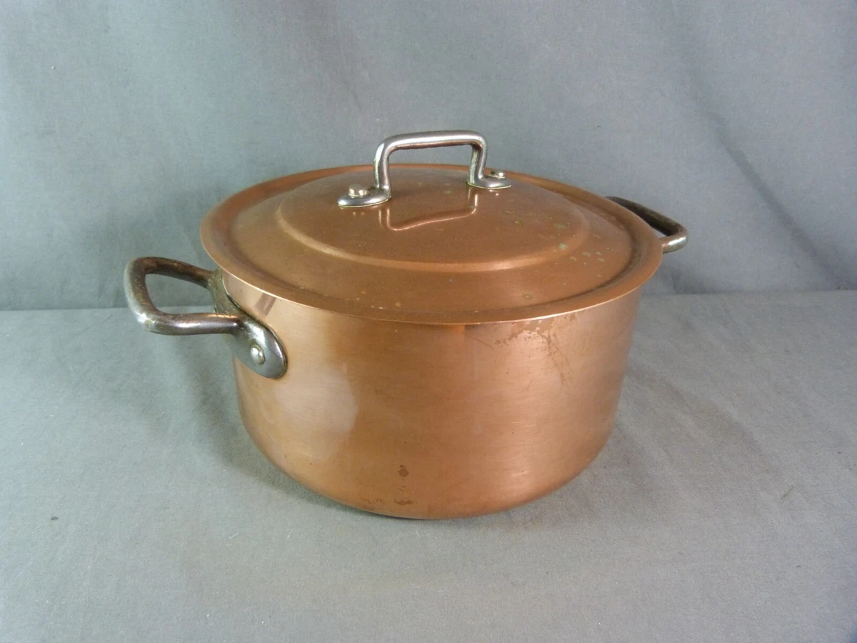 French Vintage Copper Tinned Rondeau Stock Pot Stew Pan Cast