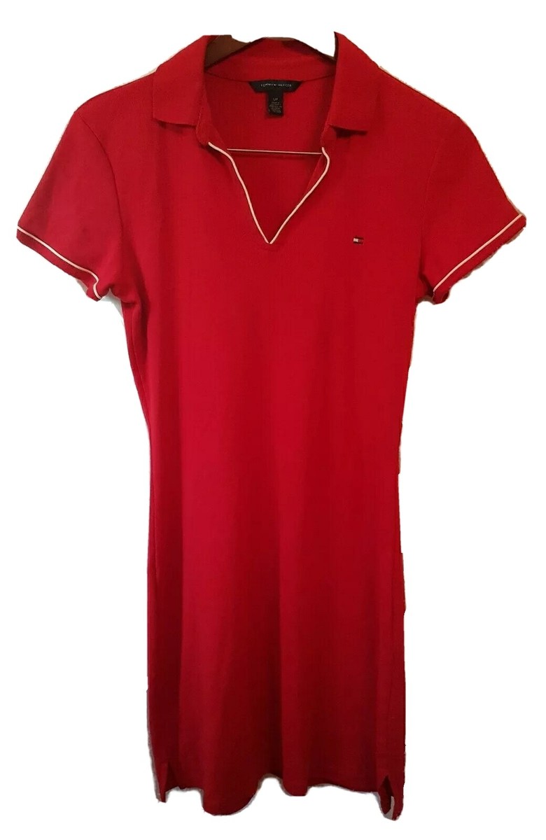 tommy hilfiger polo shirt dress Zip Midi 97% Cotton Tommy Hilfiger Red White Collared