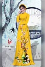 Yellow Ao Dai Vietnamese Lua Mango Silk Long Dress with Pants#0265