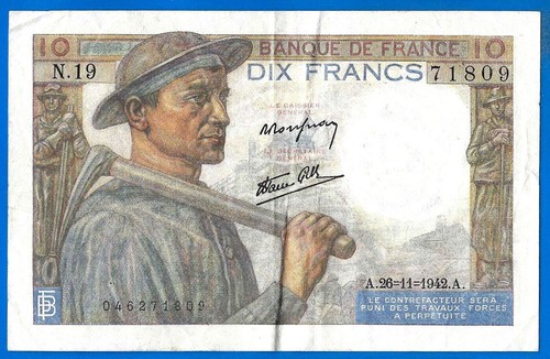 France 10 Francs 1942 26 November Serie N Mineur Miner WWII Frcs Free Ship World - Picture 2 of 3