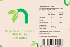 Magnesium L-Threonate Powder 98% Purity 100g Pack.