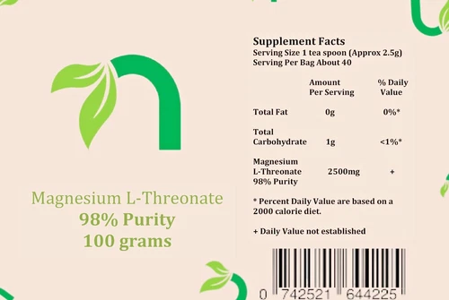 Magnesium L-Threonate Powder 98% Purity 100g Pack.