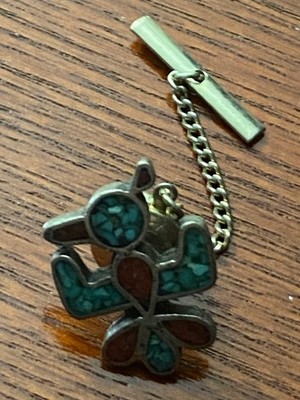 Vintage Southwestern Style Thunderbird Tie Tack Turquoise Inlay Lapel Pin