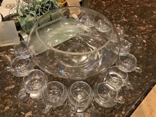 Vintage Riekes Crisa 13-piece Hand Blown Crystal Punch Bowl and 12 Cups