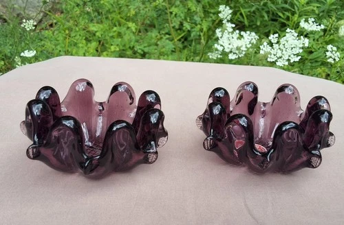 Pair Vintage Murano Dark Purple Votive Candleholders Italian Handblown Glass Art