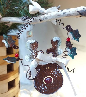 Unique Rustic Ornament Artist Signed REINDEER & Gingerbread-man antlers EUC