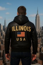 Men’s Embroidered Illinois Black Cowhide Leather Hooded Jacket  With  Front Zip