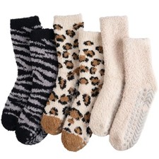 Fuzzy Socks for Women with Grips 3 Pairs Slipper Socks Warm Gifts Brown Leopard