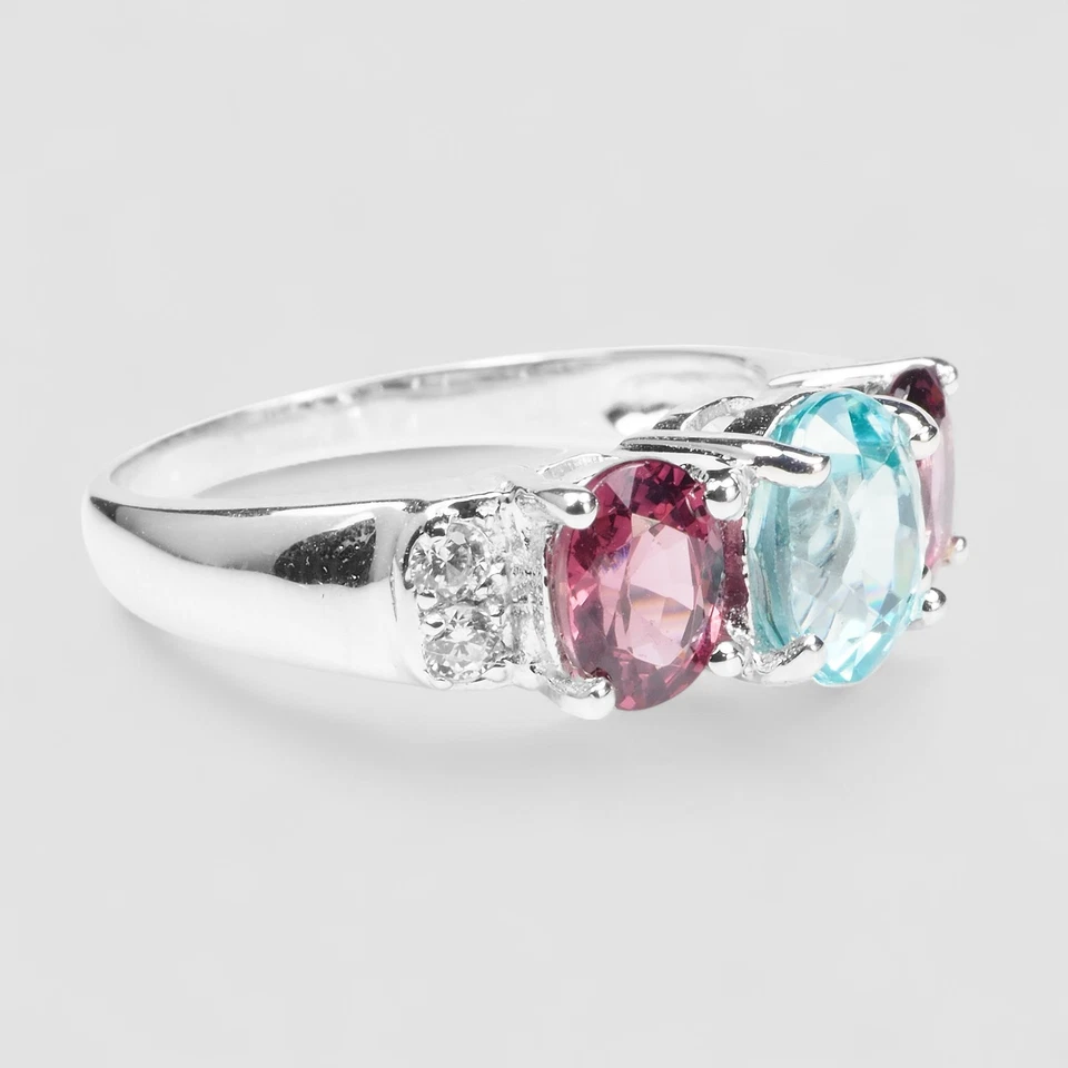 Anillo de joyería fina hecho a mano de plata de ley 925 rodolita azul neón y circón rosa Foto 3 de 4