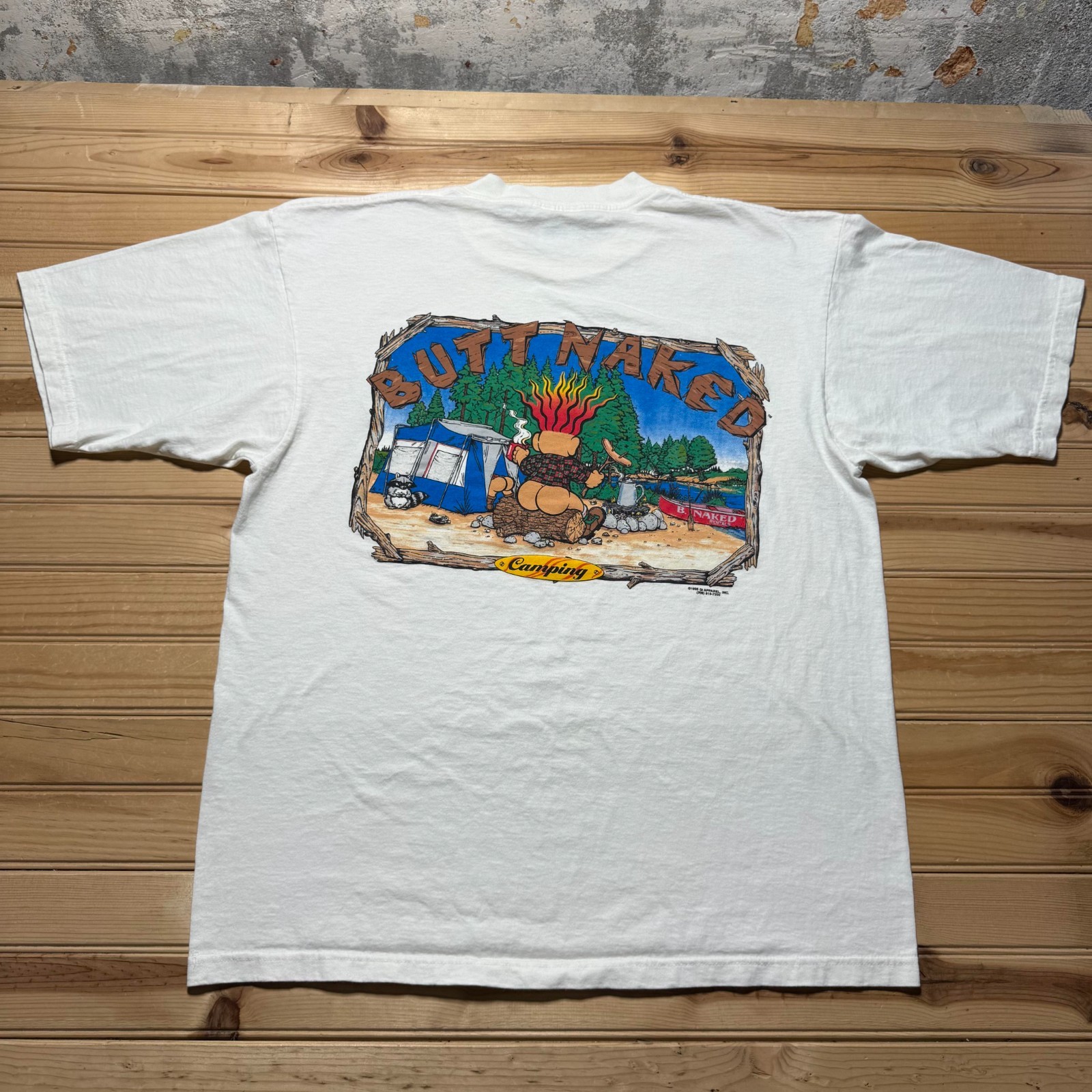 Vintage 90s Butt Naked Camping Naturism Mosquitoes Cartoon T-Shirt USA - XL