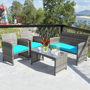 Costway 4PCS Patio Rattan Furniture Set Glass Table Top Cushioned Turquoise