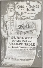 E.T. Burrowes Home Game Entertainment KING Billiard Pool Table Vtg 1901 Xmas Ad
