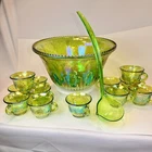 Vtg Indiana Carnival Glass Iridescent Lime Green Punch Bowl Set 12 cups & Ladle