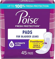 Poise Incontinence Pads For Women Ultimate Absorbency, Long Length, 45 Count