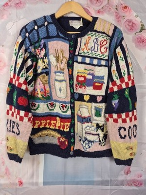 Vintage 1990 The Eagle s Eye Farm Home Cooking Story Hand Knit Cardigan S
