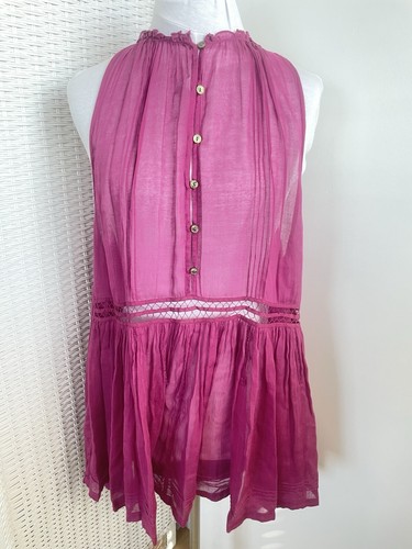 Free People One Sheer Tunic Button Down Fuchsia Indi BOHO High Neck Dress Sz S