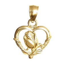 New 14k Yellow Gold Heart with Rose Flower Pendant