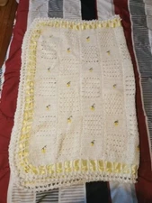 Handmade CROCHET Baby Blanket, Yellow Flower & Yellow Ribbon Edge, 4ft X 3ft