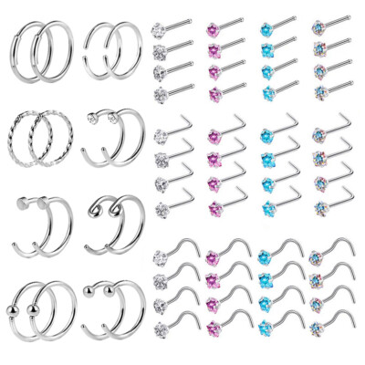 2-64Pcs 20G Nose Rings Screw L Bned Straight Nose Bone Stud Steel Nose Hoop Ring