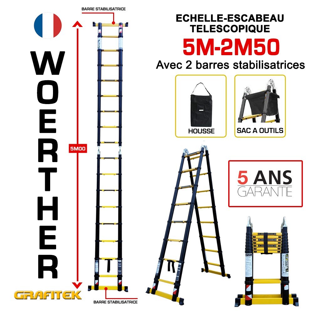 Échelle télescopique double Woerther 5m pliable et modulable avec sac à outils