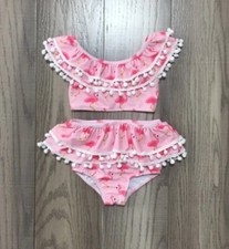 NEW Boutique Flamingo Girls Pom Pom Bikini Swimsuit Bathing Suit