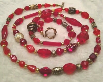 Festive! ARTISAN 30'' Ruby Red Colored Assorted Glass Bead Toggle Necklace!