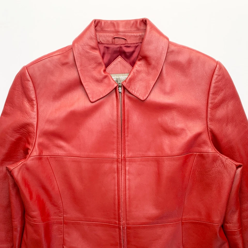 Chaqueta de Colección Años 90 Principios de 2000 Roja Ajustada Cuero de Cordero Suave Cuello con Cremallera M L Foto 4 de 4
