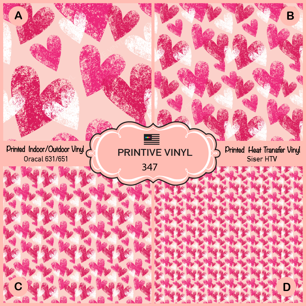 Pink Grunge Hearts Patterned Iron on Vinyl, Printed HTV, Adhesive Vinyl-  347
