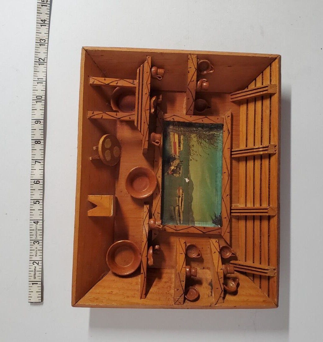 Vintage Hand Carved Country Log Cabin Kitchen Wooden Shadow Box Diorama