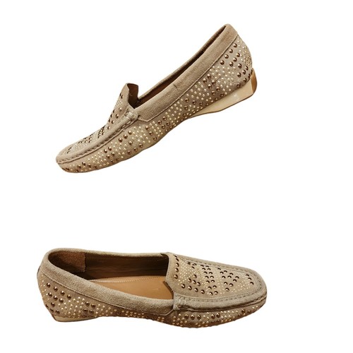 Donald Pliner Taupe Brown Studded Flat Shoes Womens Size 7.5 Lanie Leather EUC - Picture 3 of 7