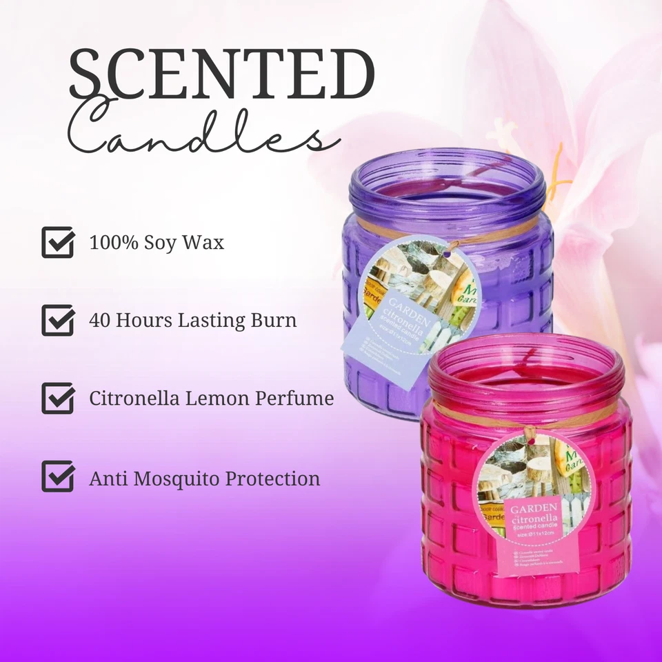 2x Large Citronella Oil Wax Candles Glass Holder 40 Hours Burn Time Purple Pink - Image 3 of 4