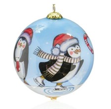 NEW LI BIEN 2020 CHRISTMAS PENGUINS GLASS BALL 80 MM ORNAMENT RED VELVET BOX