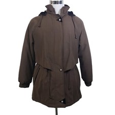 Iz Sport Coat Womens Lined Pockets Removable Hood Full Zip Buttons Brown Size M