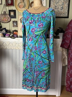 Vintage 1960s Emilio Pucci Silk Knit Printed Dress, Floral Abstract