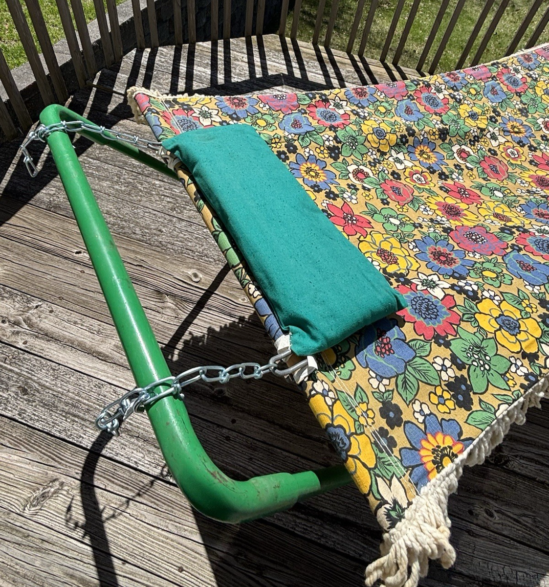 Vtg 60s Flower Power Cotton Canvas Hammock W/ Metal Tube Stand MOD