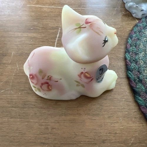 Fenton Cream Custard Satin Glass Cat Hand Painted Floral Signed Figurine Vintage