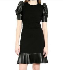 MICHAEL KORS Ponte Faux Leather Trim Puff Sleeve Flounce Dress Black SZ S NWT