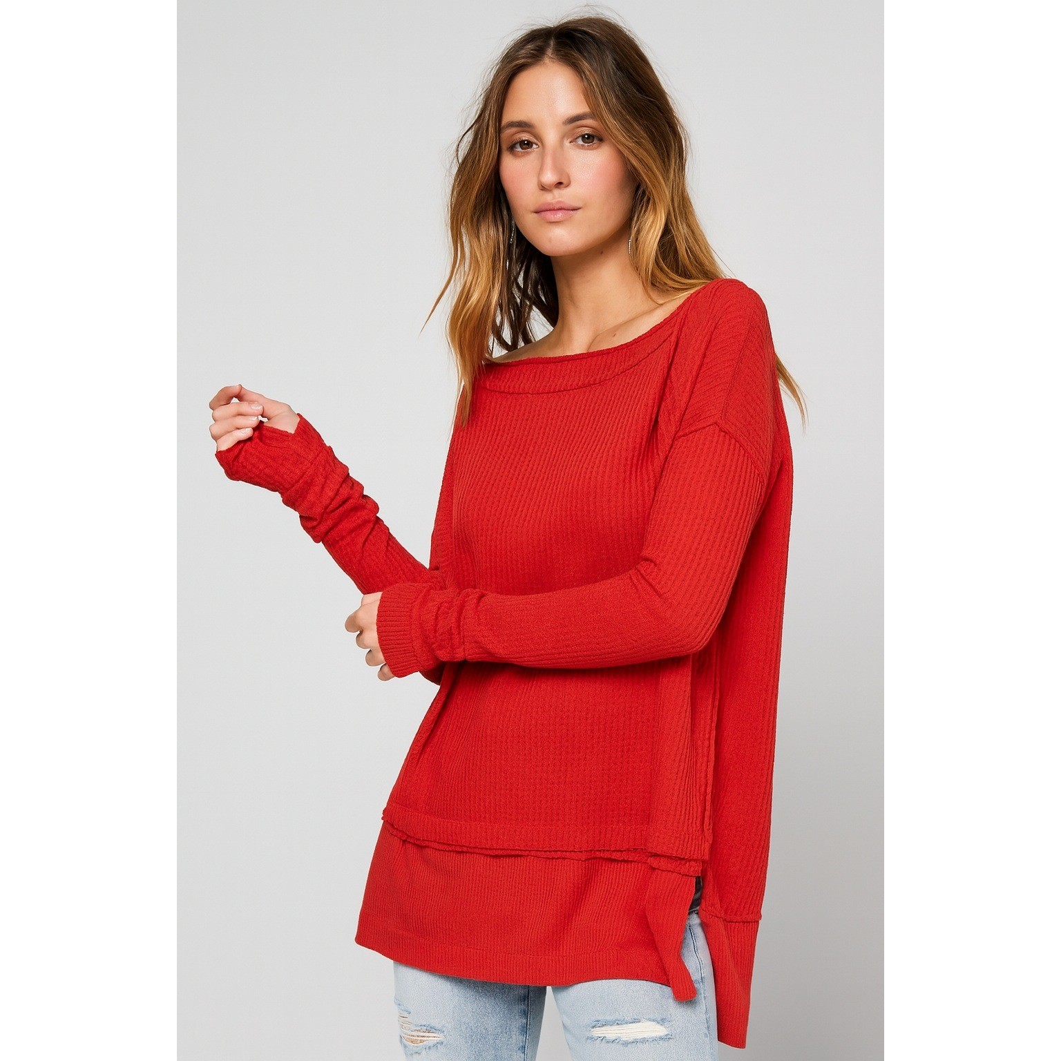 We The Free North Shore Thermal Top Red Waffle Knit High Low Hem Sz Small Boho