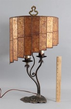 Antique Arts & Crafts Signed ALMCO Mica Shade Hammered Iron & Bronze Table Lamp