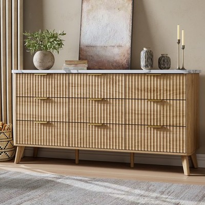 Garvee 60.6'' 9-drawer Dresser Modern White Marble Top Tv Stand Wood Natural Wood