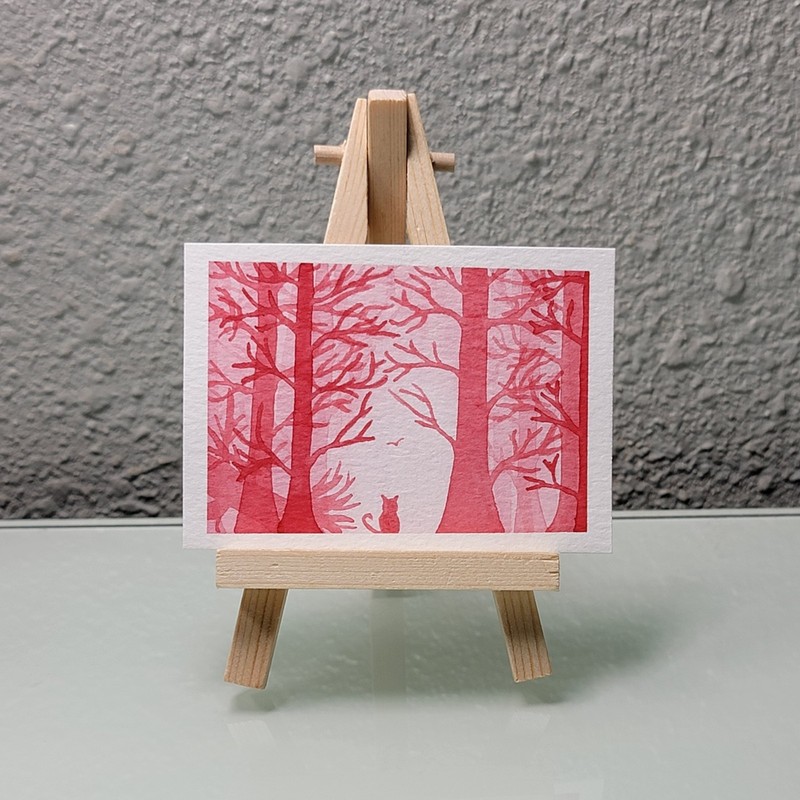 ACEO Original Red Spooky Forest Trees Cat Bird Series 3/3 KatieBearDesigns